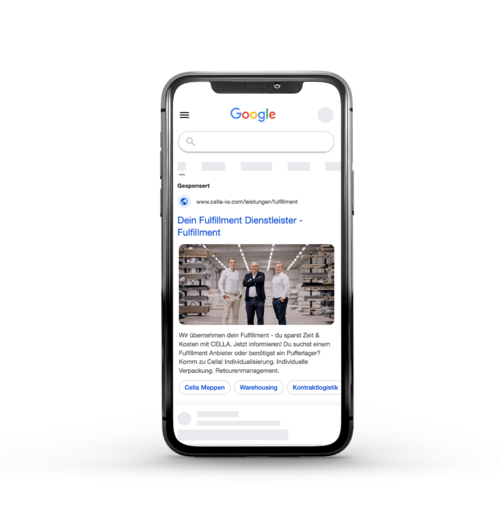 Smartphone-MockUp der Google Ads Anzeige für Cella im Bereich Logistik und Fulfillment.