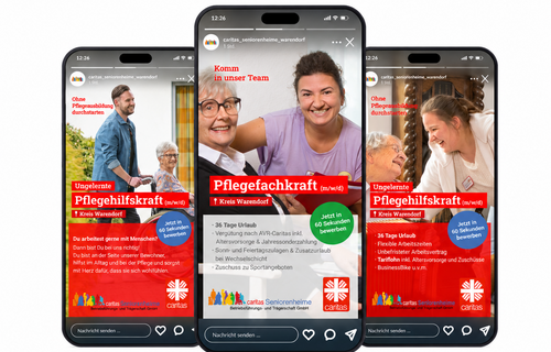 Drei Smartphone-Mock-ups mit Social-Recruiting-Anzeigen der Caritas Seniorenheime Warendorf für Pflegekräfte