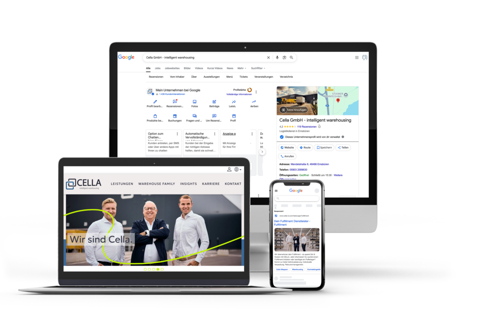 MockUp mit Google My Business Profil, Google Ads und TYPO3 Website der Cella GmbH.