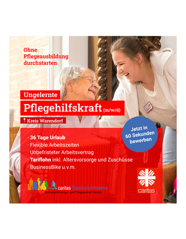 Social-Recruiting-Anzeige der Caritas Seniorenheime Warendorf für eine ungelernte Pflegehilfskraft