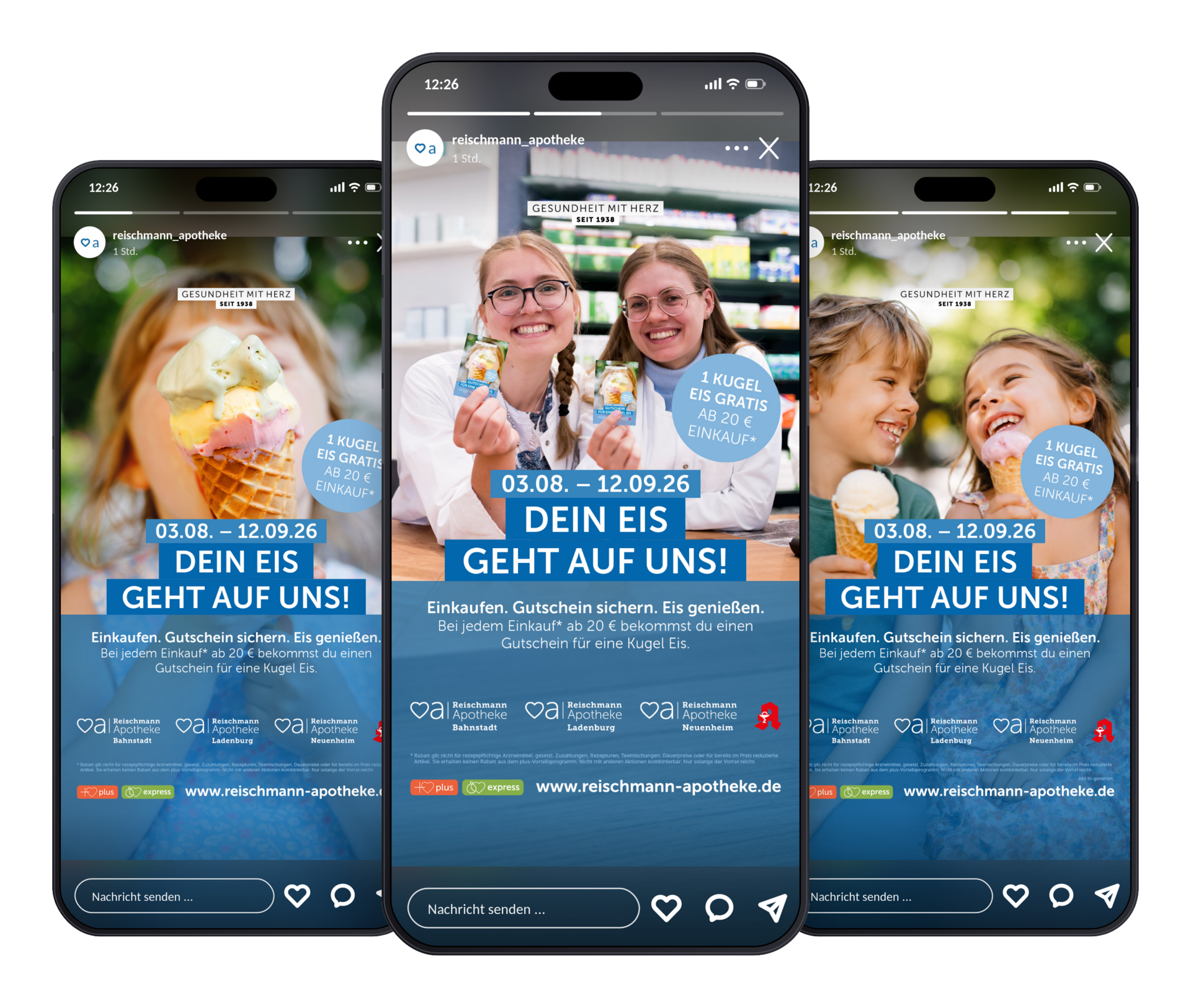 Drei Smartphone Ansichten mit Instagram Story Anzeigen der Reischmann Apotheke für eine Eisaktion