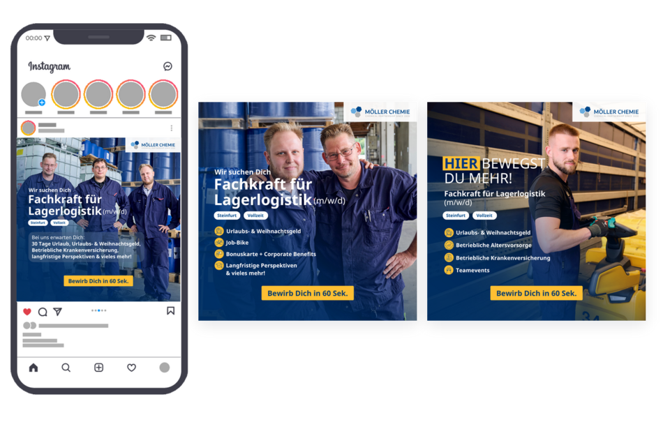 Mockup einer Meta-Recruiting-Ads-Kampagne von Möller Chemie für Fachkräfte für Lagerlogistik mit drei Anzeigenmotiven.