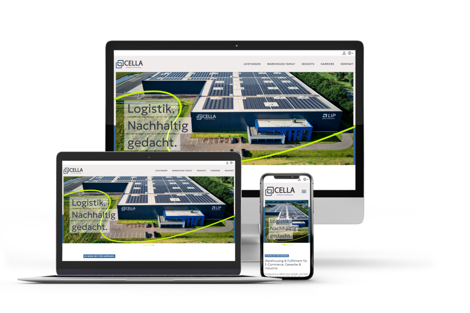 Neue TYPO3-Website von Cella auf Desktop, Laptop und Smartphone – modernes Webdesign für Logistik und Fulfillment.